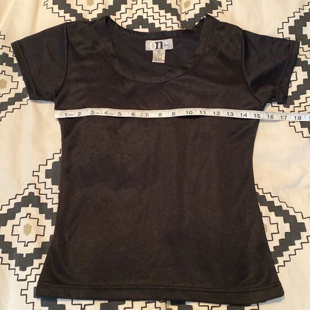 Shiny Black Scoop Neck Stretch Y2K Baby Tee One Step Up Size Small - Picture 5 of 6